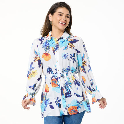IMAN Global Chic Women's Printed Button-Front Everything Blouse with Belt