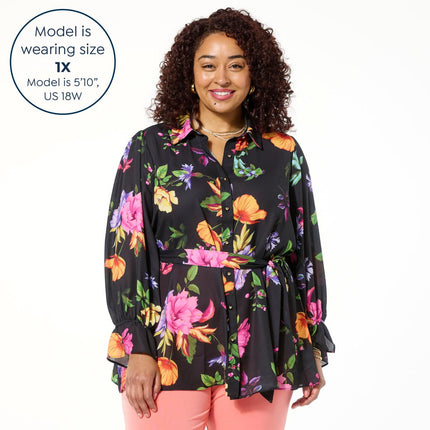 IMAN Global Chic Women's Printed Button-Front Everything Blouse with Belt