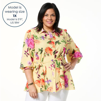 IMAN Global Chic Women's Printed Button-Front Everything Blouse with Belt