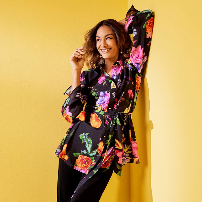 IMAN Global Chic Women's Printed Button-Front Everything Blouse with Belt
