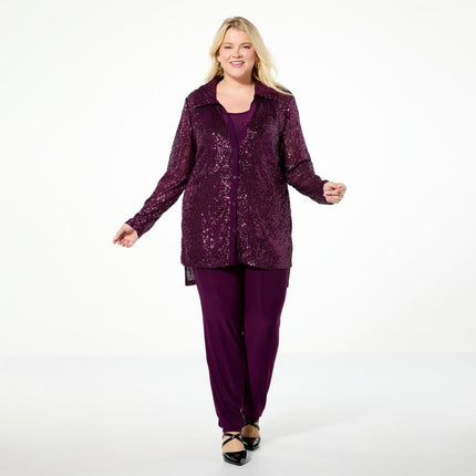 Nina Leonard Dazzling 3-Piece Sequined Top, Tank & Pant Set for Women