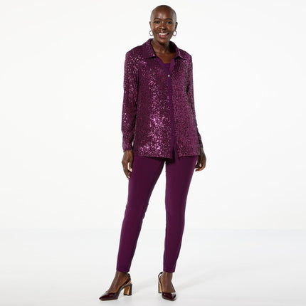 Nina Leonard Dazzling 3-Piece Sequined Top, Tank & Pant Set for Women