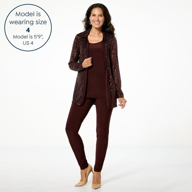 Nina Leonard Dazzling 3-Piece Sequined Top, Tank & Pant Set for Women