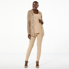 Nina Leonard Dazzling 3-Piece Sequined Top, Tank & Pant Set for Women