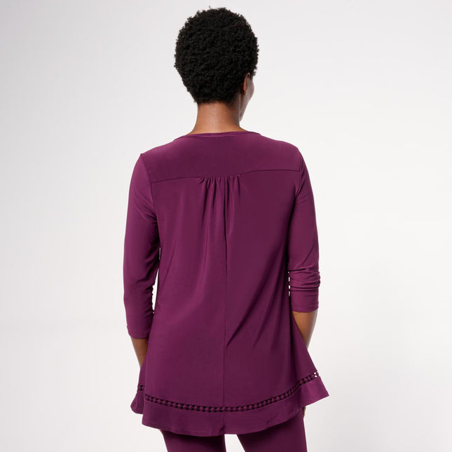 Nina Leonard 3/4-Sleeve Trim Inset V-Neck Tunic with Tulip Hem