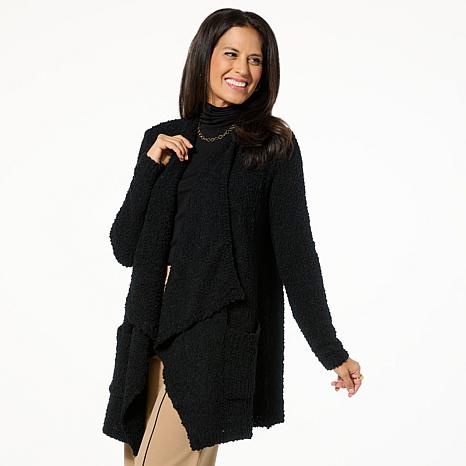 Nina Leonard Flowy Draped Open Front Cardigan: Cozy-Chic Pompom Sweater Knit Style