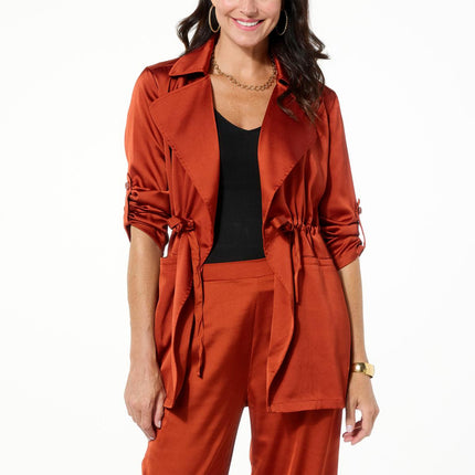 Nina Leonard Shimmering Hammered Satin Drawstring Waist Jacket for Women