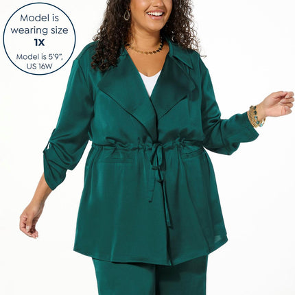 Nina Leonard Shimmering Hammered Satin Drawstring Waist Jacket for Women