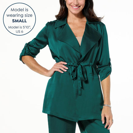 Nina Leonard Shimmering Hammered Satin Drawstring Waist Jacket for Women