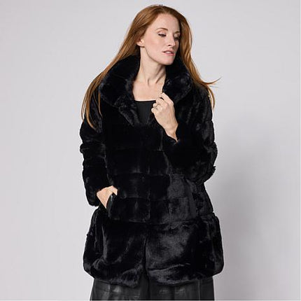 Nina Leonard Women's Horizontal Stripe Faux Fur Jacket with Pockets