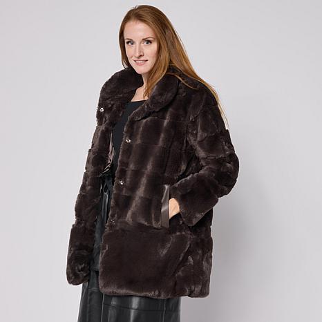 Nina Leonard Women's Horizontal Stripe Faux Fur Jacket with Pockets