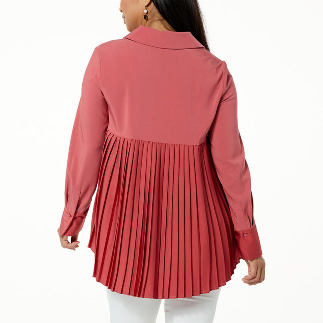 Nina Leonard Women's Long Sleeve Collared Charmeuse Shirt with Pleated Back