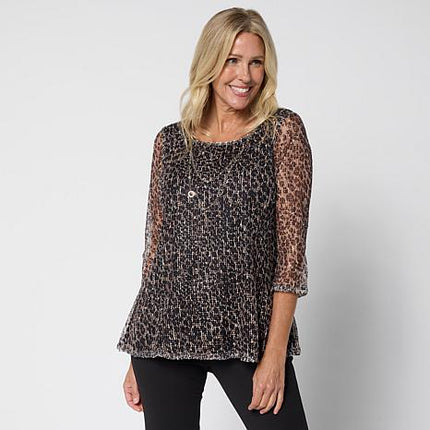 Nina Leonard Printed Mesh Knit Sequin Top with Detachable Necklace