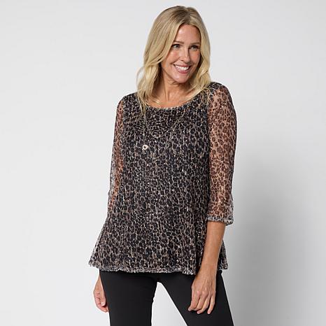 Nina Leonard Printed Mesh Knit Sequin Top with Detachable Necklace