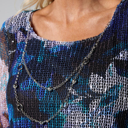 Nina Leonard Printed Mesh Knit Sequin Top with Detachable Necklace