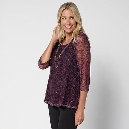 Nina Leonard Printed Mesh Knit Sequin Top with Detachable Necklace