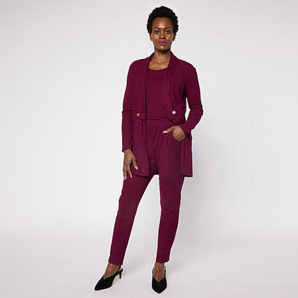 Nina Leonard Rib Knit Cardigan Tank and Pant Three Piece Set