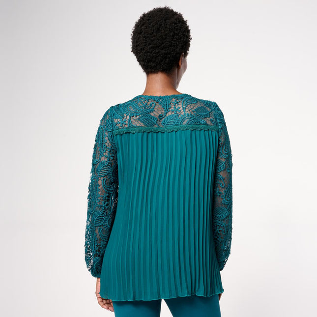 Nina Leonard Women's Pleated Round Neck Chiffon Top With Lace Sleeves