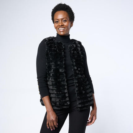 Nina Leonard Striped Faux Fur Open Front Plush Layering Vest