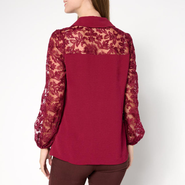 Nina Leonard Textured Wave and Embroidered Floral Mesh Mixed Media Top