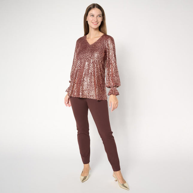 Nina Leonard Women's V-Neck Printed Shimmer Foil Powermesh Top