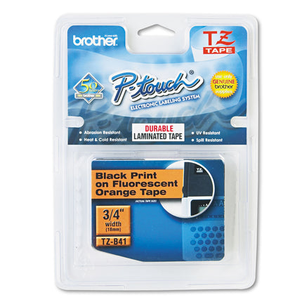 Brother Genuine P-touch TZE-B41 Tape, 3/4" (0.7") Wide Standard Laminated Tape, Black on Fluorescent Orange, Laminated for Indoor or Outdoor Use, Water-Resistant, 0.7" x 16.4' (18mm x 5M), TZEB41