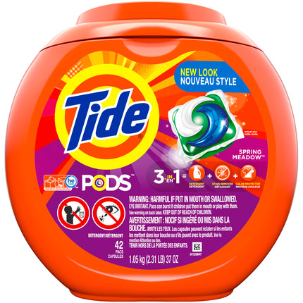 Tide PODS Laundry Detergent Pacs, 3-in-1 Stain Remover, Odor Fighter, Color Protector, 42 Count, HE compatible, Spring Meadow Scent (Packaging May Vary)