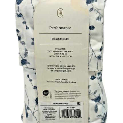 Target Threshold Performance King Pillowcase Pair 400 TC Blue White Floral