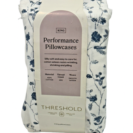 Target Threshold Performance King Pillowcase Pair 400 TC Blue White Floral