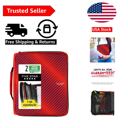 Fire Red 2-Inch Zipper Binder with 5-Tab Expanding File