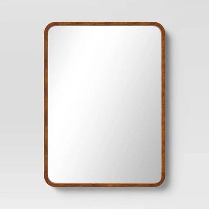 Threshold 22"x30" Rounded Corner Wood Wall Mirror, Walnut Brown Finish, Modern Style