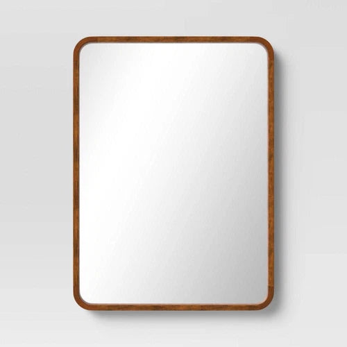Threshold 22"x30" Rounded Corner Wood Wall Mirror, Walnut Brown Finish, Modern Style