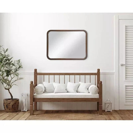 Threshold 22"x30" Rounded Corner Wood Wall Mirror, Walnut Brown Finish, Modern Style