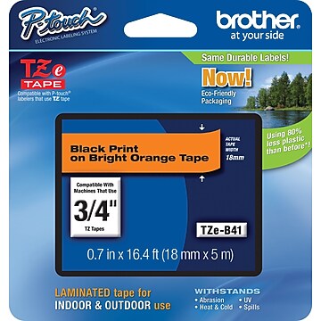 Brother Genuine P-touch TZE-B41 Tape, 3/4" (0.7") Wide Standard Laminated Tape, Black on Fluorescent Orange, Laminated for Indoor or Outdoor Use, Water-Resistant, 0.7" x 16.4' (18mm x 5M), TZEB41