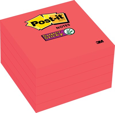 Post-it Super Sticky Notes, 5 Sticky Note Pads, 3 x 3 in., School Supplies for Students, Ideal for Textbooks, Notebooks, Walls and Vertical Surfaces, Single Color Packs Collection, Candy Apple Red