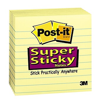 Post-it Super Sticky Lined Notes, 6 Sticky Note Pads, 4 x 4 in., School Supplies for Students, Ideal for Textbooks, Notebooks, Walls and Vertical Surfaces, Canary Yellow