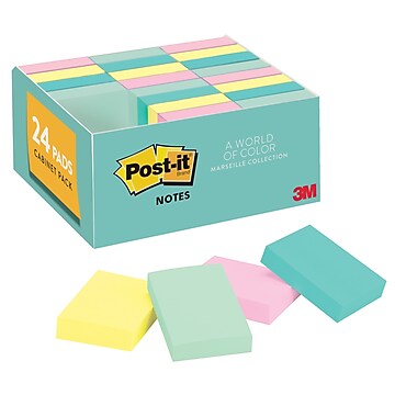 Post-it Notes, 1.5x2 in, 24 Pads, America's #1 Favorite Sticky Notes, Beachside Café Collection, Pastel Colors, Clean Removal, Recyclable