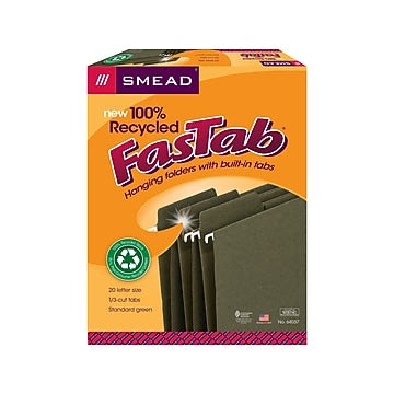 Smead 100% Recycled FasTab Hanging File Folder, 1/3-Cut Built-in Tab, Letter Size, Standard Green, 20 per Box (64037)