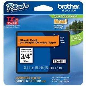 Brother Genuine P-touch TZE-B41 Tape, 3/4" (0.7") Wide Standard Laminated Tape, Black on Fluorescent Orange, Laminated for Indoor or Outdoor Use, Water-Resistant, 0.7" x 16.4' (18mm x 5M), TZEB41