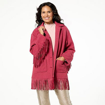 Christie Brinkley TWRHLL Brushed Faux Melton Fringe Button Front Jacket