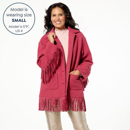 Christie Brinkley TWRHLL Brushed Faux Melton Fringe Button Front Jacket