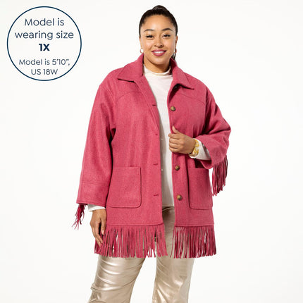 Christie Brinkley TWRHLL Brushed Faux Melton Fringe Button Front Jacket
