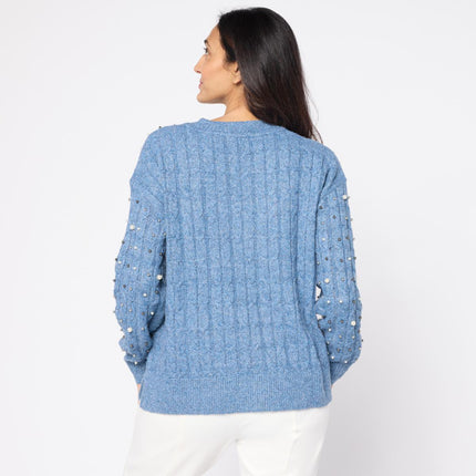 TWRHLL Christie Brinkley Embellished Cable Knit Sweater with Pearl Details
