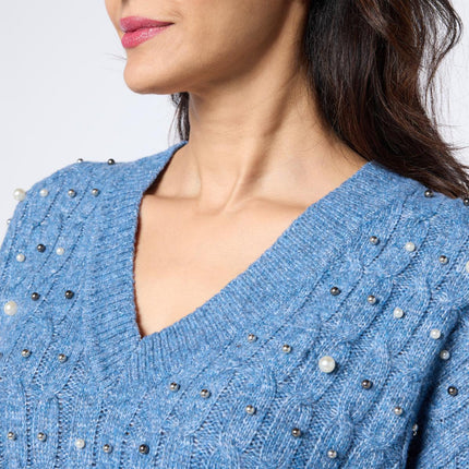 TWRHLL Christie Brinkley Embellished Cable Knit Sweater with Pearl Details
