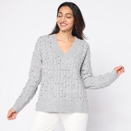 TWRHLL Christie Brinkley Embellished Cable Knit Sweater with Pearl Details