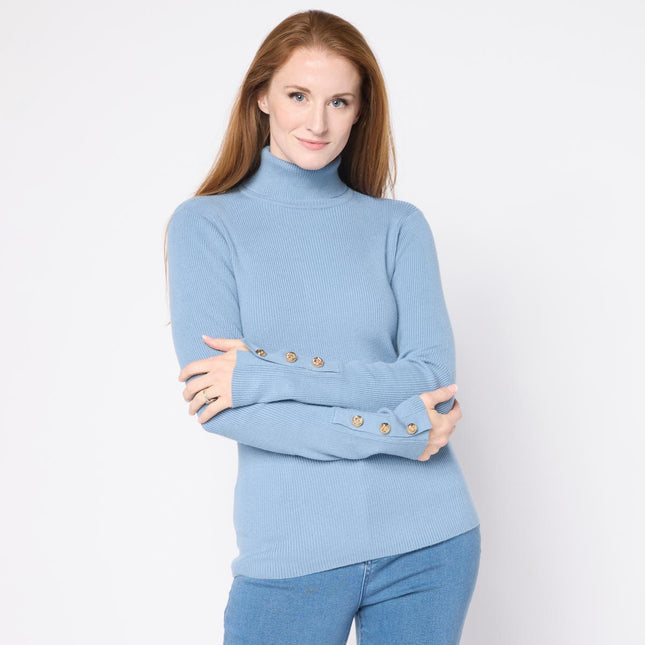 TWRHLL by Christie Brinkley Rib Knit Turtleneck Gold Button Sweater