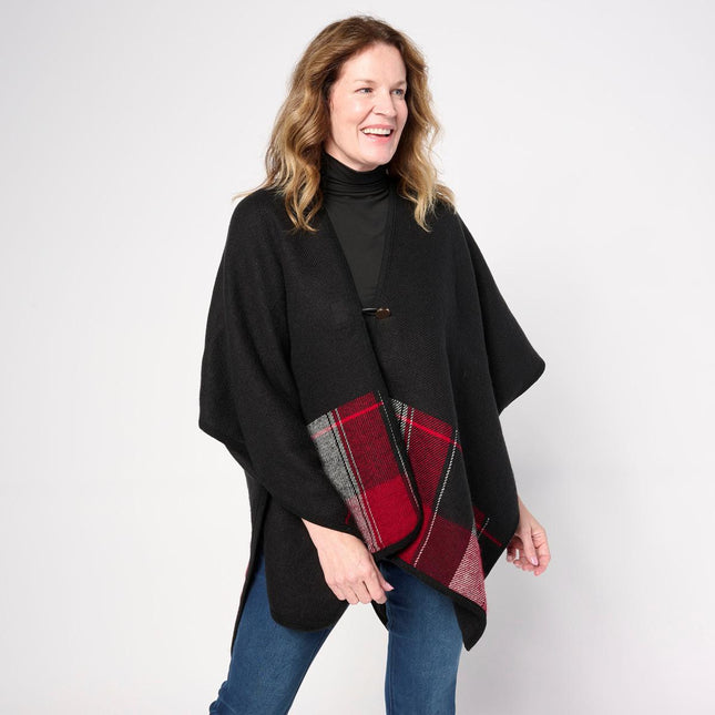 Vince Camuto Women's Reversible Woven Plaid Topper with Toggle Closure