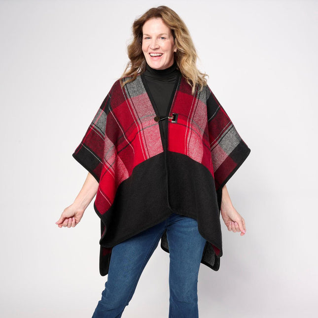 Vince Camuto Women's Reversible Woven Plaid Topper with Toggle Closure