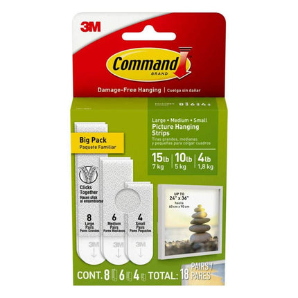 3M Command Picture Hanging Strips Big Pack, Removable, (4) Small, (6) Medium, (8) Large, White, 18 Pairs/Pack