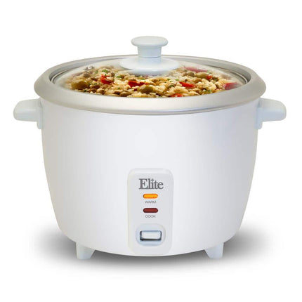 Elite Gourmet ERC-003 Electric Rice Cooker with Automatic Keep Warm Makes Soups, Stews, Grains, Hot Cereals, White, 6 Cups Cooked (3 Cups Uncooked) White